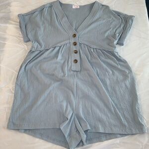 Pink Lily Light Blue Romper with Button Accents